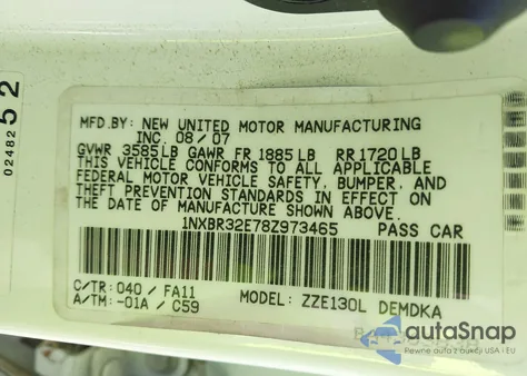 2008 Toyota Corolla Ce z USA, uszkodzony, nr VIN 1NXBR32E78Z973465